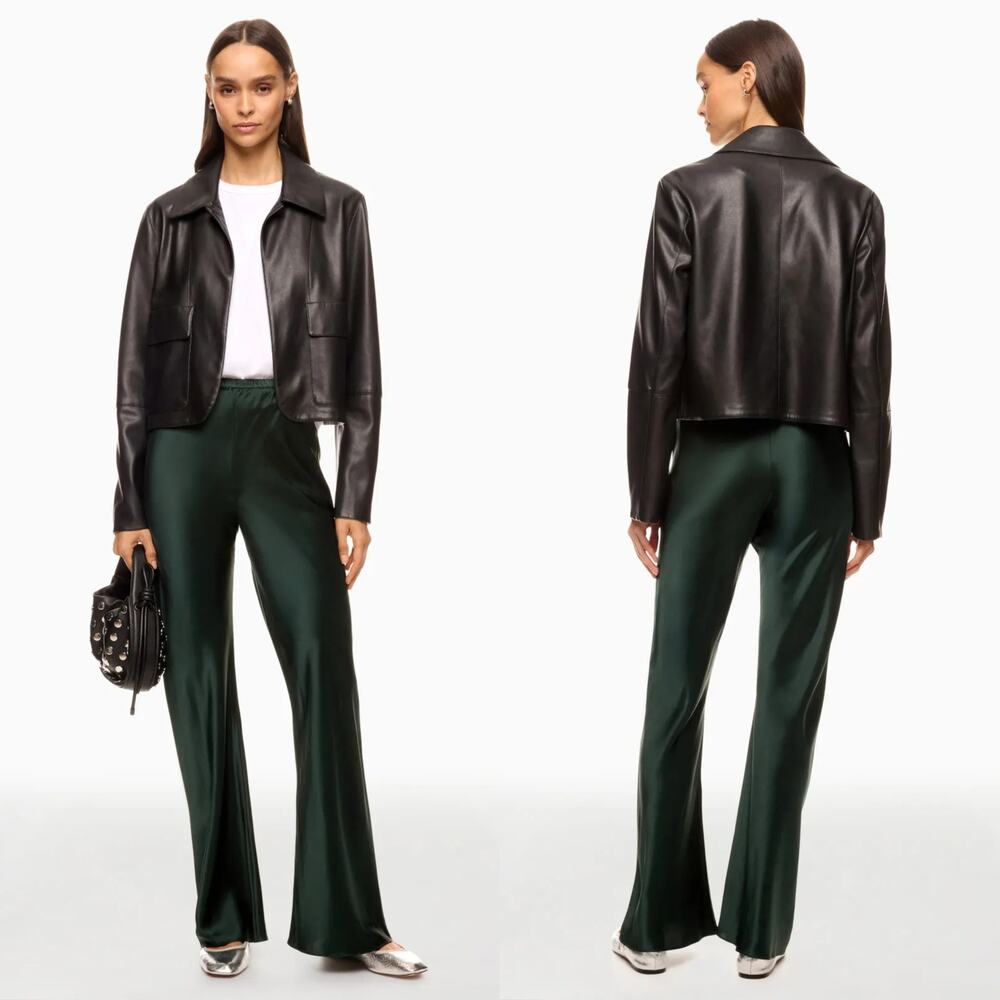 Silk Laundry Bias Cut Pants 100% Silk Satin Pull On High Rise Wide Leg Green S